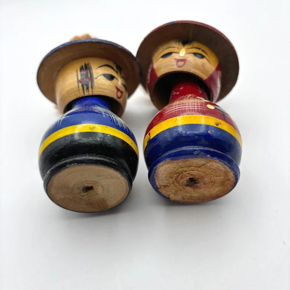 Vintage Hand Painted Wooden Kokeshi Style Dolls Set of 2 Red Blue Tassels
